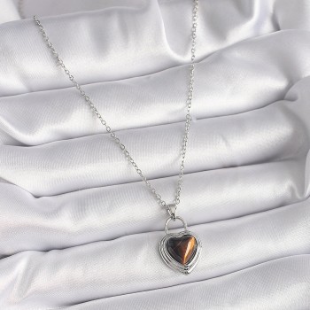 316L Çelik Gümüş Renk Zincir Kilit Kalp Kehribar Boncuk Model Kadın Kolye