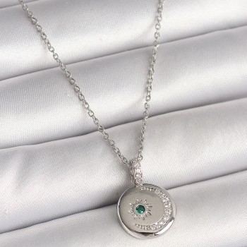 316L Çelik Gümüş Renk Zincir Madalyon Zirkon Taşlı İşlemeli Hilal Yıldız Model Kadın Kolye