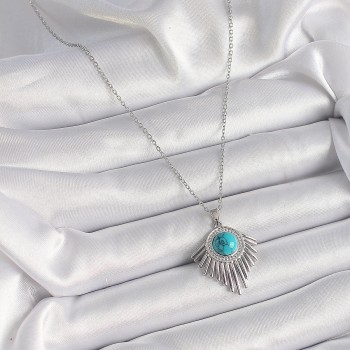 316L Çelik Gümüş Renk Zincir Mavi Boncuklu Zirkon Taşlı Kadın Kolye