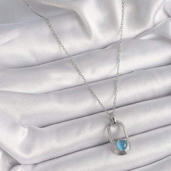 316L Çelik Gümüş Renk Zincir Mavi Kedi Göz Model Kadın Kolye