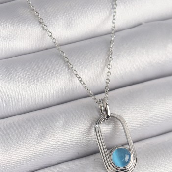 316L Çelik Gümüş Renk Zincir Mavi Kedi Göz Model Kadın Kolye