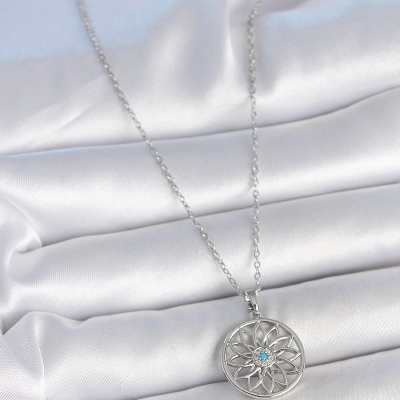 316L Çelik Gümüş Renk Zincir Mavi Taşlı Lotus Model Kadın Kolye