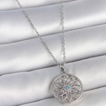 316L Çelik Gümüş Renk Zincir Mavi Taşlı Lotus Model Kadın Kolye