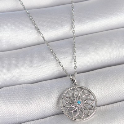 316L Çelik Gümüş Renk Zincir Mavi Taşlı Lotus Model Kadın Kolye