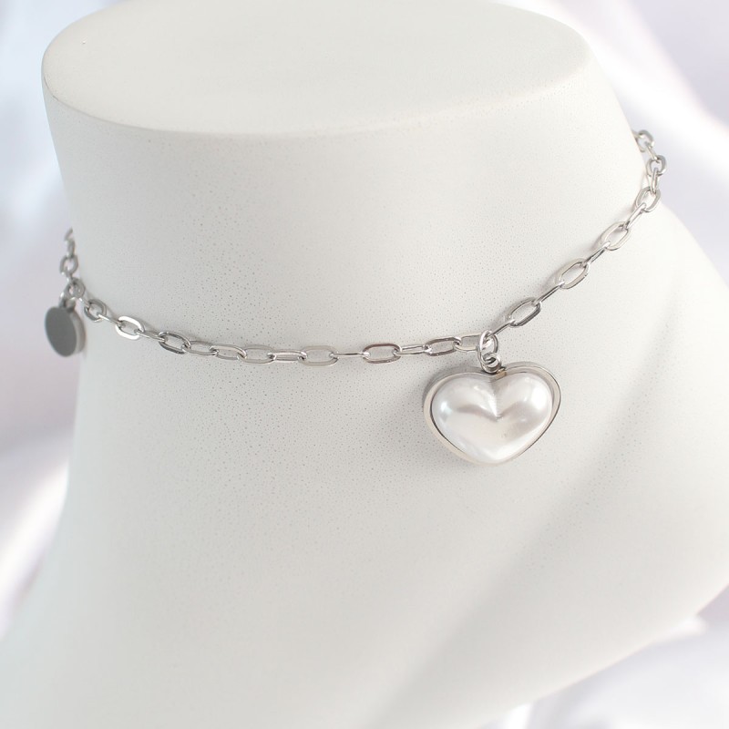 316L Çelik Gümüş Renk Zincir Model 3D Kalp Beyaz Figür Kadın HalHal