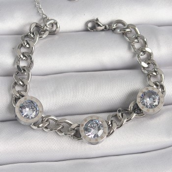 316L Çelik Gümüş Renk Zincir Model Zirkon Taşlı İşleme Detaylı Kadın Bileklik