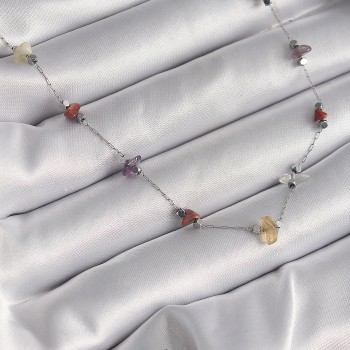 316L Çelik Gümüş Renk Zincir Renkli Doğaltaş Model Kadın Kolye