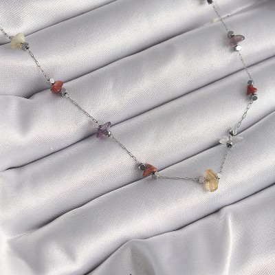 316L Çelik Gümüş Renk Zincir Renkli Doğaltaş Model Kadın Kolye