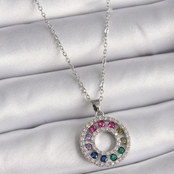 316L Çelik Gümüş Renk Zincir Renkli Zirkon Taşlı Madalyon Model Kadın Kolye