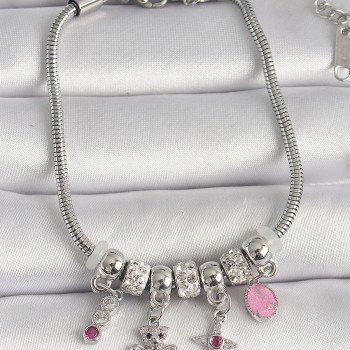 316L Çelik Gümüş Renk Zincir Sallantı Zirkon Taşlı Ayıcık Figür Yıldız Detay Kadın Bileklik