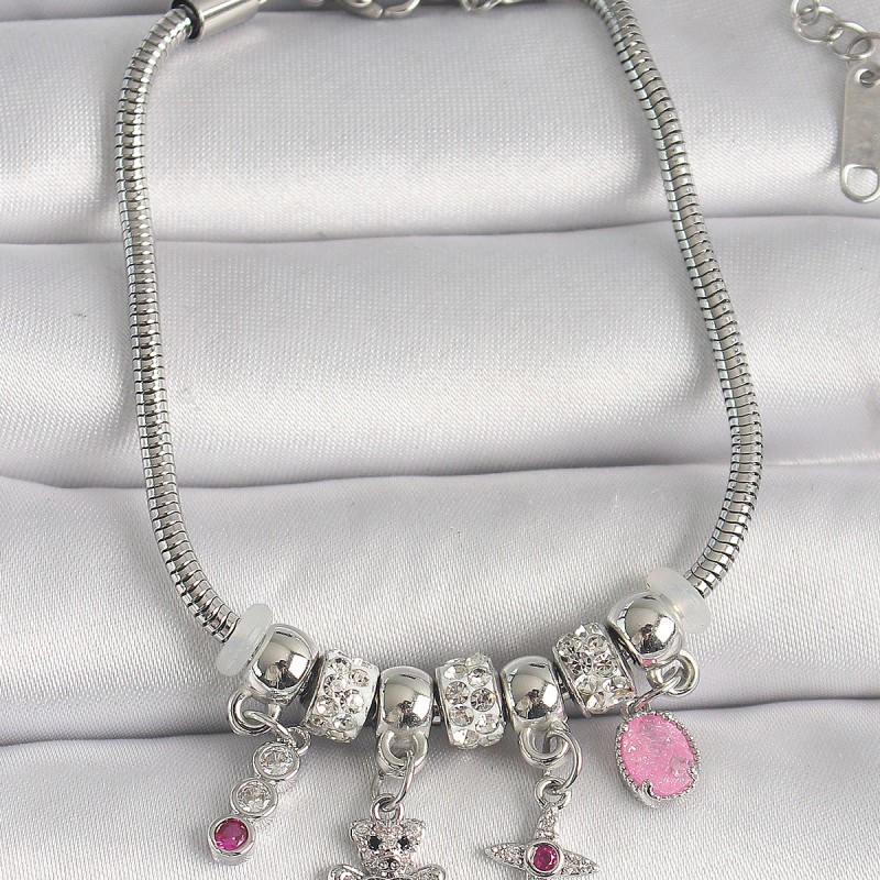 316L Çelik Gümüş Renk Zincir Sallantı Zirkon Taşlı Ayıcık Figür Yıldız Detay Kadın Bileklik