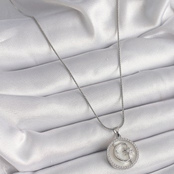 316L Çelik Gümüş Renk Zincir Zirkon Taş Detaylı Beyaz Sedefli Ay Yıldız İşleme Kadın Kolye