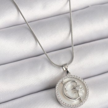 316L Çelik Gümüş Renk Zincir Zirkon Taş Detaylı Beyaz Sedefli Ay Yıldız İşleme Kadın Kolye