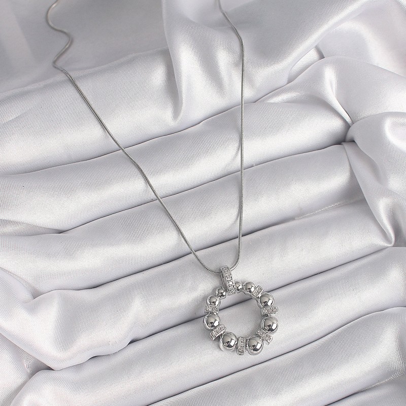 316L Çelik Gümüş Renk Zincir Zirkon Taş Detaylı Bombeli Halka Model Kadın Kolye