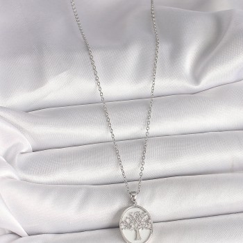 316L Çelik Gümüş Renk Zincir Zirkon Taş İşlemeli Beyaz Mineli Ağaç İşlemeli Portre Model Kadın Kolye