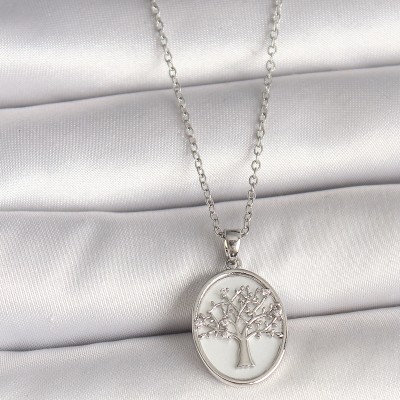 316L Çelik Gümüş Renk Zincir Zirkon Taş İşlemeli Beyaz Mineli Ağaç İşlemeli Portre Model Kadın Kolye