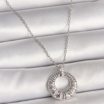316L Çelik Gümüş Renk Zincir Zirkon Taş İşlemeli Daire Model Kadın Kolye