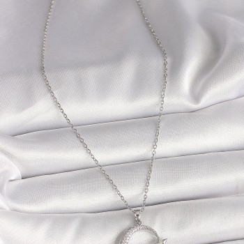 316L Çelik Gümüş Renk Zincir Zirkon Taşlı Ay Yıldız Model Sonsuzluk Detay Kadın Kolye