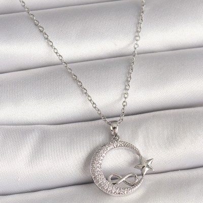 316L Çelik Gümüş Renk Zincir Zirkon Taşlı Ay Yıldız Model Sonsuzluk Detay Kadın Kolye