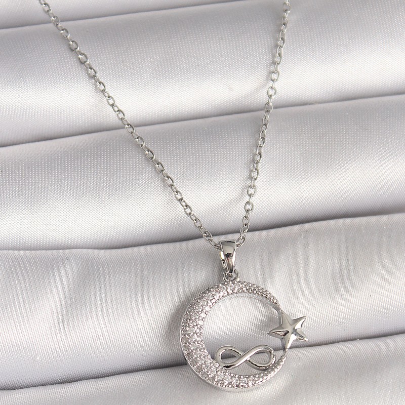316L Çelik Gümüş Renk Zincir Zirkon Taşlı Ay Yıldız Model Sonsuzluk Detay Kadın Kolye