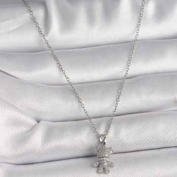 316L Çelik Gümüş Renk Zincir Zirkon Taşlı Ayıcık Figür Kadın Kolye