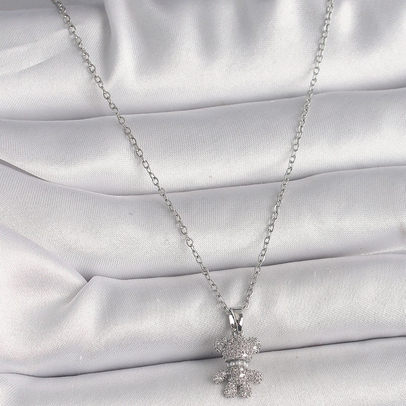 316L Çelik Gümüş Renk Zincir Zirkon Taşlı Ayıcık Figür Kadın Kolye