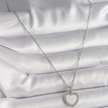 316L Çelik Gümüş Renk Zincir Zirkon Taşlı Beyaz Mineli Kalp Model Kadın Kolye