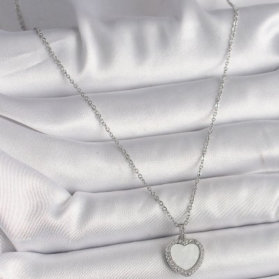316L Çelik Gümüş Renk Zincir Zirkon Taşlı Beyaz Mineli Kalp Model Kadın Kolye