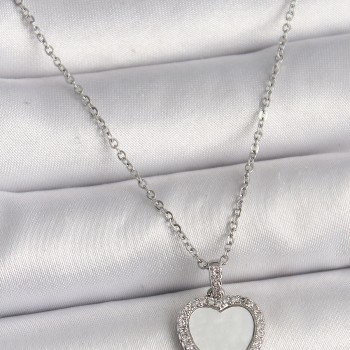 316L Çelik Gümüş Renk Zincir Zirkon Taşlı Beyaz Mineli Kalp Model Kadın Kolye
