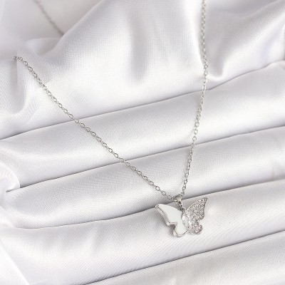 316L Çelik Gümüş Renk Zincir Zirkon Taşlı Beyaz Mineli Kelebek Model Kadın Kolye