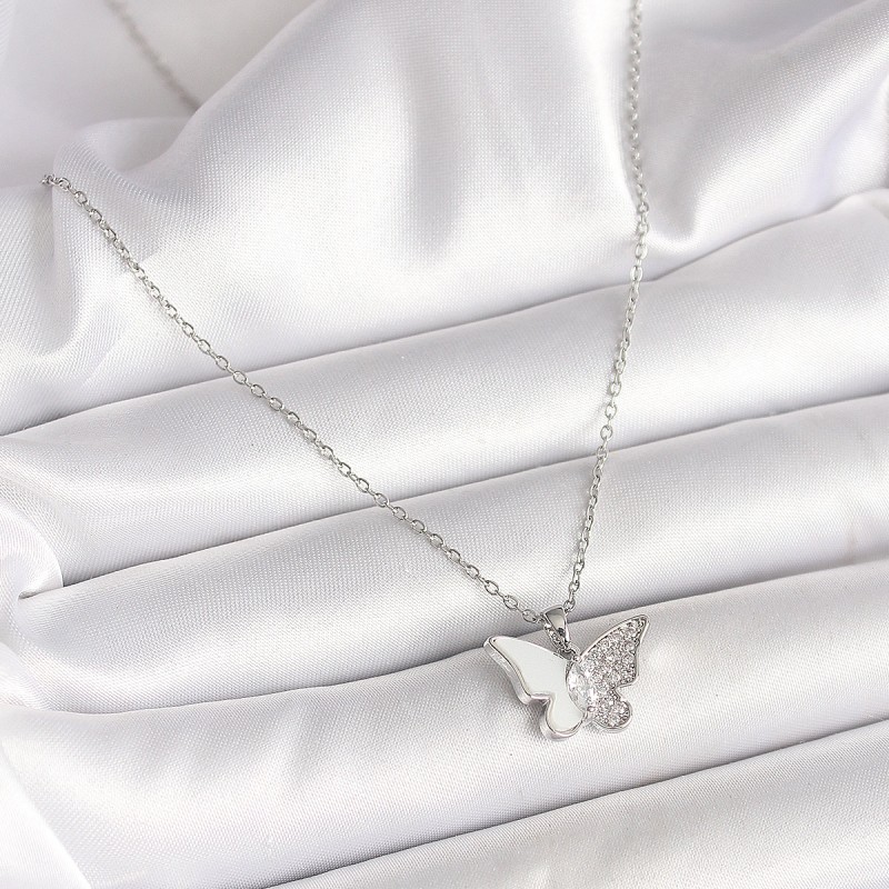 316L Çelik Gümüş Renk Zincir Zirkon Taşlı Beyaz Mineli Kelebek Model Kadın Kolye