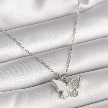 316L Çelik Gümüş Renk Zincir Zirkon Taşlı Beyaz Mineli Kelebek Model Kadın Kolye