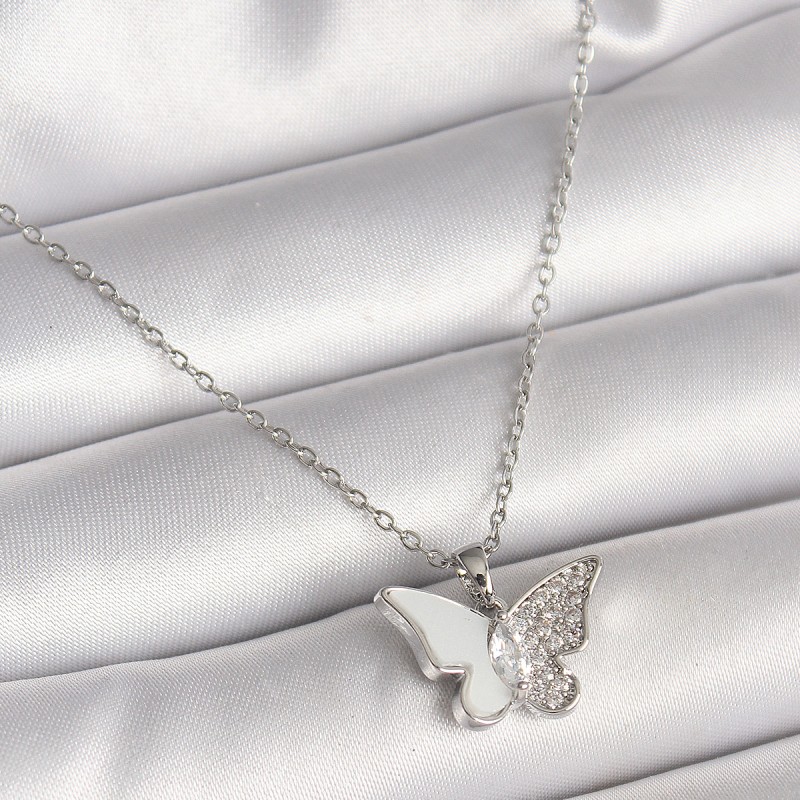 316L Çelik Gümüş Renk Zincir Zirkon Taşlı Beyaz Mineli Kelebek Model Kadın Kolye
