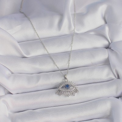 316L Çelik Gümüş Renk Zincir Zirkon Taşlı Göz Model Kadın Kolye