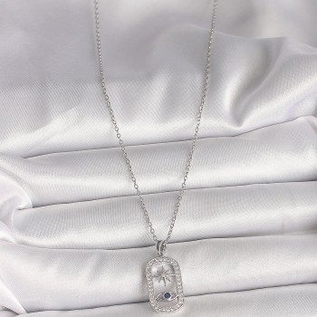 316L Çelik Gümüş Renk Zincir Zirkon Taşlı Göz Yıldız Model Kadın Kolye