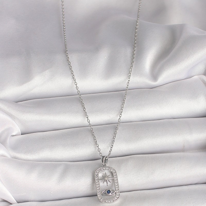 316L Çelik Gümüş Renk Zincir Zirkon Taşlı Göz Yıldız Model Kadın Kolye
