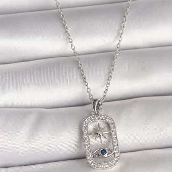 316L Çelik Gümüş Renk Zincir Zirkon Taşlı Göz Yıldız Model Kadın Kolye