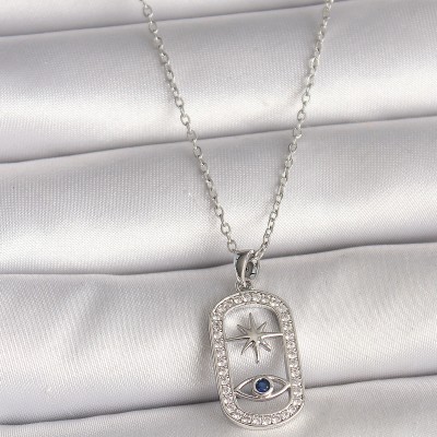316L Çelik Gümüş Renk Zincir Zirkon Taşlı Göz Yıldız Model Kadın Kolye