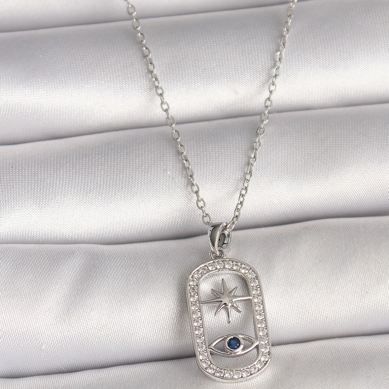 316L Çelik Gümüş Renk Zincir Zirkon Taşlı Göz Yıldız Model Kadın Kolye