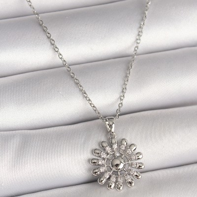 316L Çelik Gümüş Renk Zincir Zirkon Taşlı Güneş Model Kadın Kolye