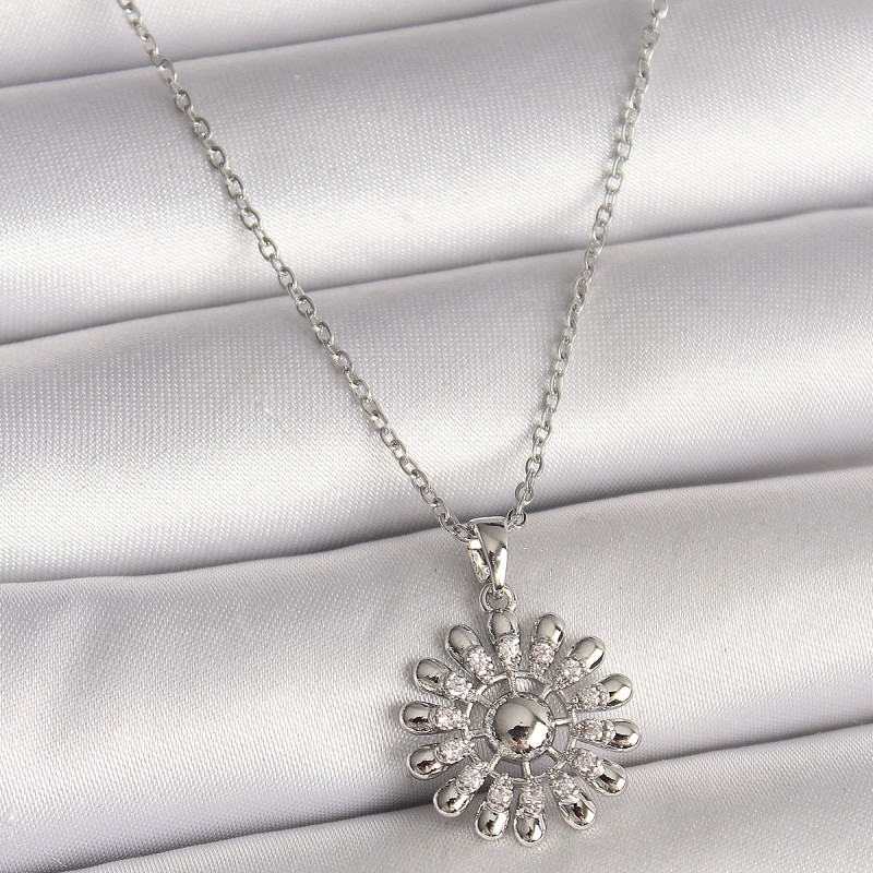 316L Çelik Gümüş Renk Zincir Zirkon Taşlı Güneş Model Kadın Kolye