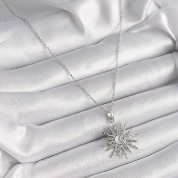 316L Çelik Gümüş Renk Zincir Zirkon Taşlı Güneş Model Sedefli Ay İşleme Detay Kadın Kolye