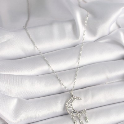 316L Çelik Gümüş Renk Zincir Zirkon Taşlı Hilal Model Sallantı Yaprak Detay Kadın Kolye