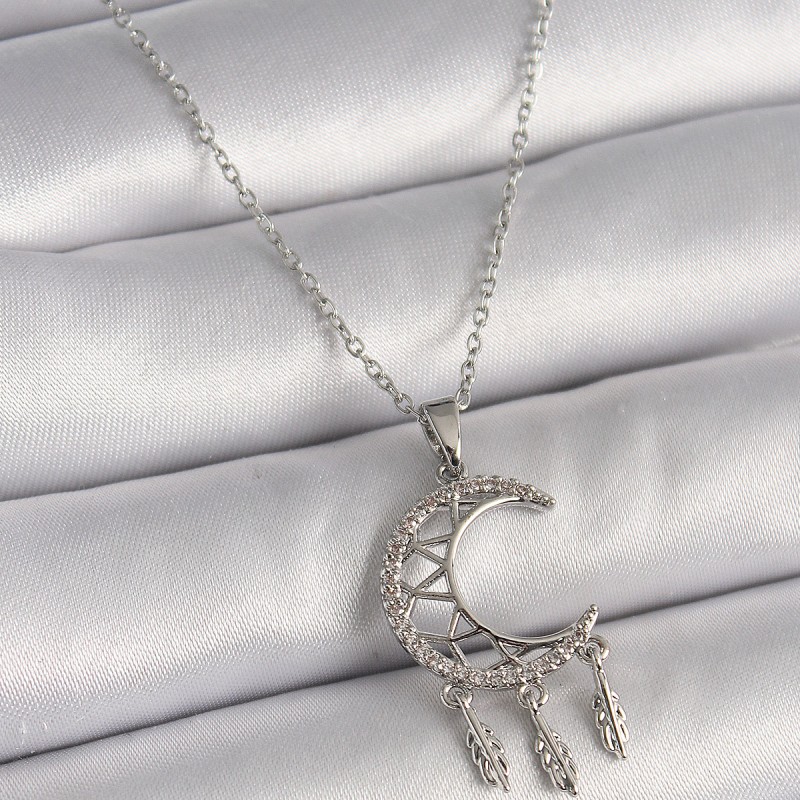 316L Çelik Gümüş Renk Zincir Zirkon Taşlı Hilal Model Sallantı Yaprak Detay Kadın Kolye