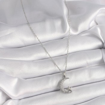 316L Çelik Gümüş Renk Zincir Zirkon Taşlı Hilal Model Yıldız Detay Kadın Kolye