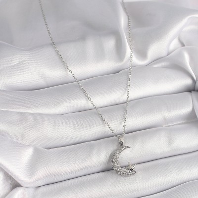316L Çelik Gümüş Renk Zincir Zirkon Taşlı Hilal Model Yıldız Detay Kadın Kolye