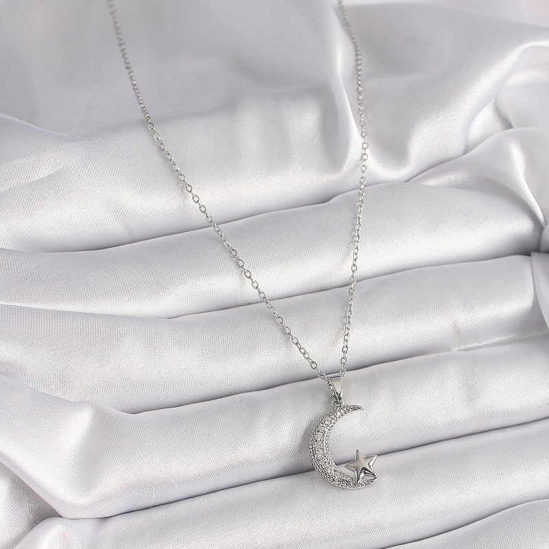 316L Çelik Gümüş Renk Zincir Zirkon Taşlı Hilal Model Yıldız Detay Kadın Kolye
