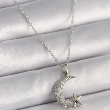316L Çelik Gümüş Renk Zincir Zirkon Taşlı Hilal Model Yıldız Detay Kadın Kolye