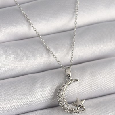 316L Çelik Gümüş Renk Zincir Zirkon Taşlı Hilal Model Yıldız Detay Kadın Kolye