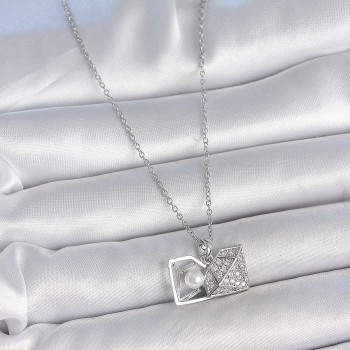 316L Çelik Gümüş Renk Zincir Zirkon Taşlı İncili Açılır Elmas Model Kadın Kolye